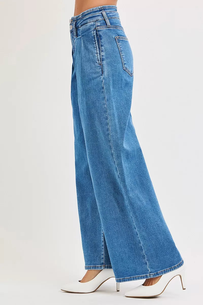 RISEN Full Size Mid Rise Fit Wide Leg with Pleated Detail Jeans Plus Size MEDIUM