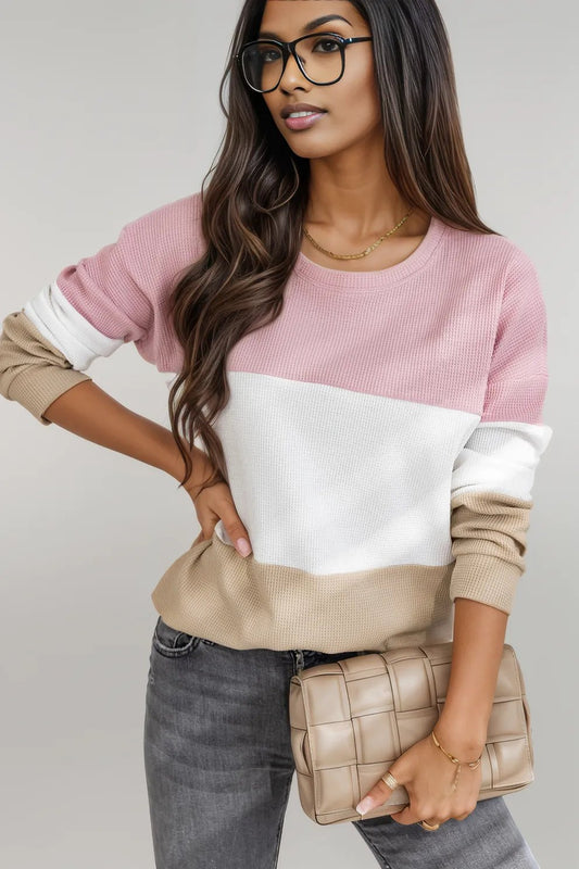 Pink Colorblock Waffle Knit Long Sleeve Top Pink 62.7%Polyester+37.3%Cotton