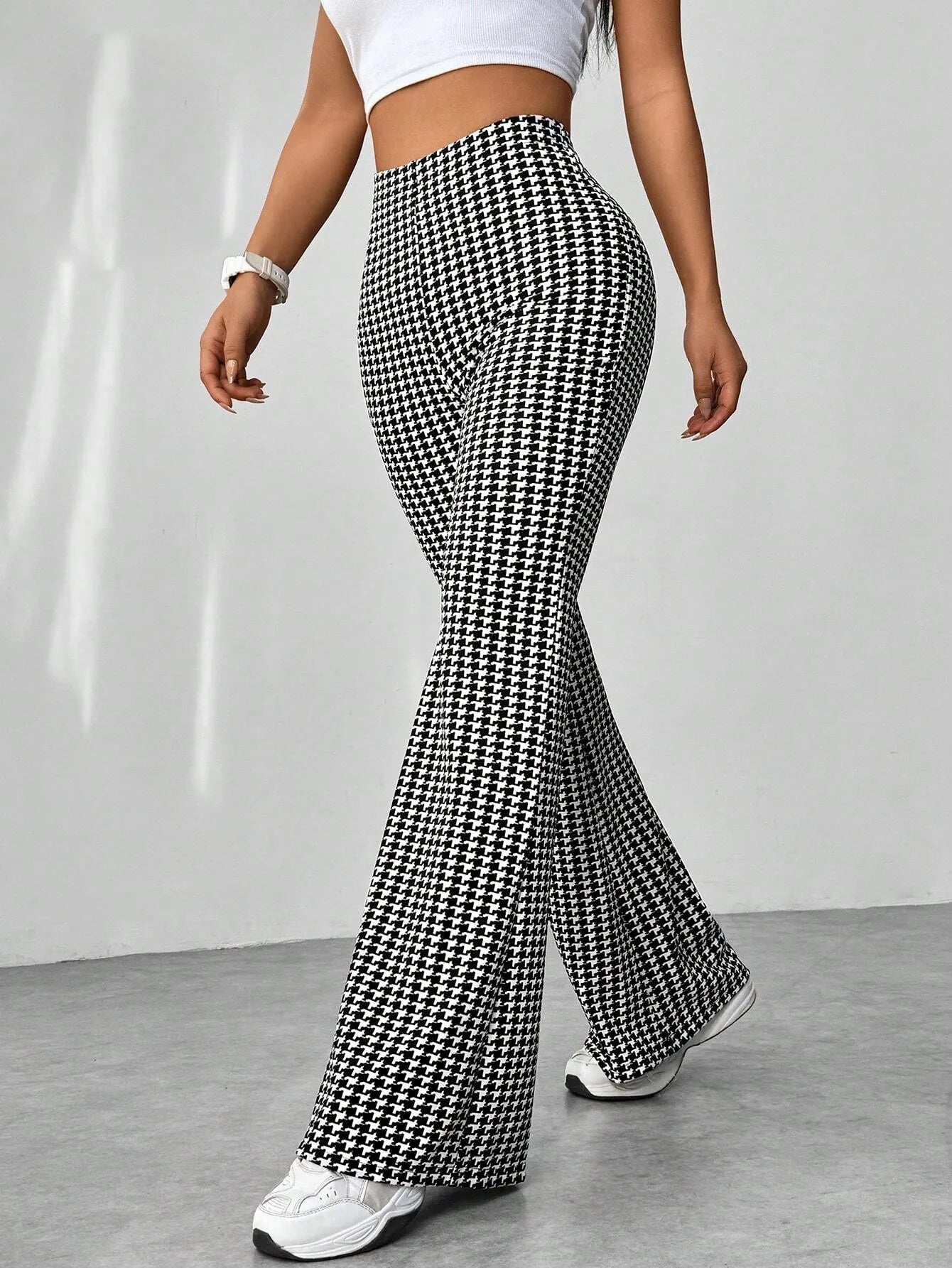 High Waisted Flare Pants Black And White Plaid