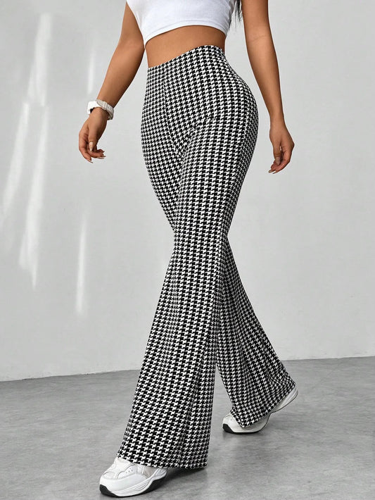High Waisted Flare Pants Black And White Plaid
