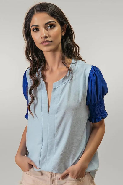 BiBi Air Flow Color Block Puff Sleeves V Neck Top LT.BLUE ROYAL