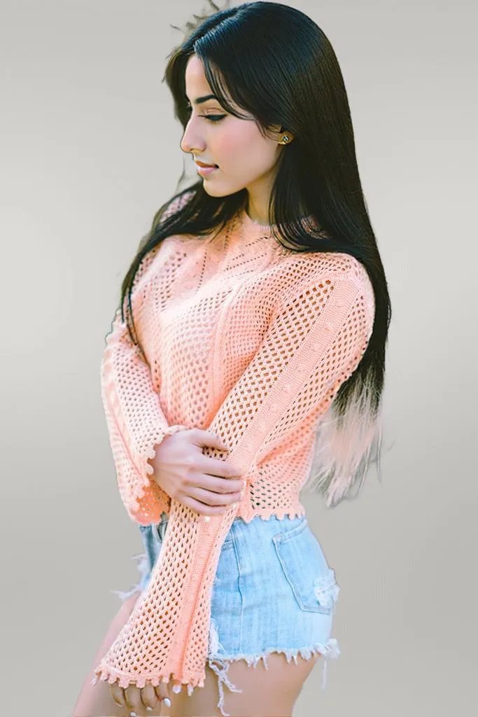 Openwork Round Neck Long Sleeve Knit Top