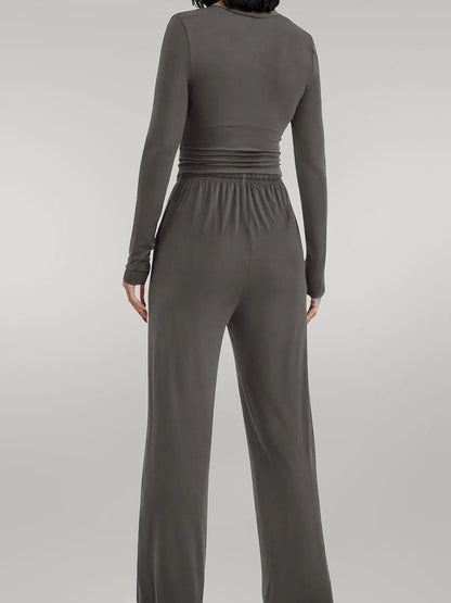 Round Neck Long Sleeve Top and Pants Set
