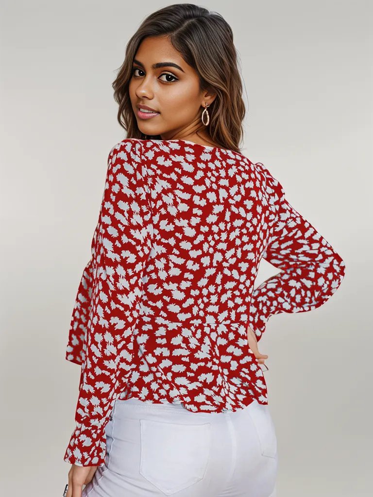 Honey Printed V-Neck Flounce Sleeve Blouse