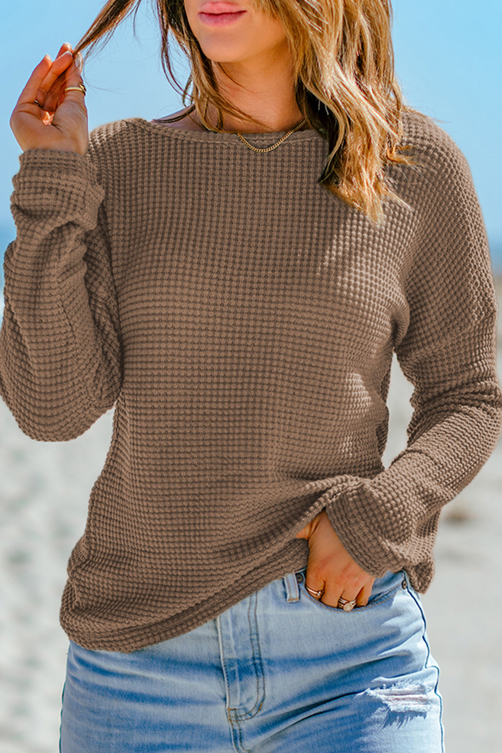 Khaki Waffle Knit Drop Shoulder Long Sleeve Top