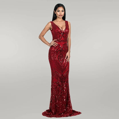 V-neck Sleeveless Sequined Geometric Abstract Vintage Backless Formal Gown