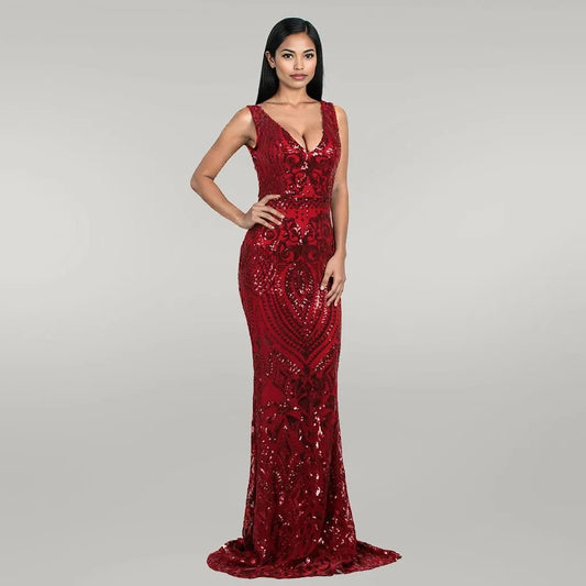 V-neck Sleeveless Sequined Geometric Abstract Vintage Backless Formal Gown