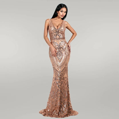 V-neck Sleeveless Sequined Geometric Abstract Vintage Backless Formal Gown