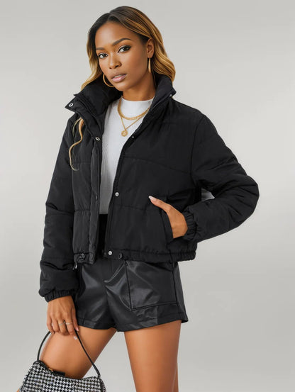 Snap and Zip Closure Drawstring Cropped Winter Coat