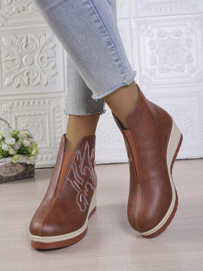 Round Toe Wedge Ankle Boots Brown