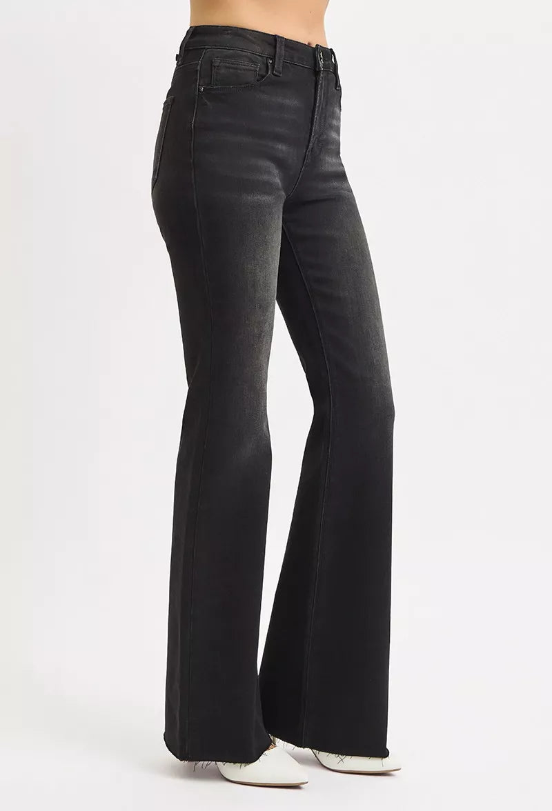 RISEN Full Size High Rise Flare Raw Cut Hem Jeans Plus Size BLACK