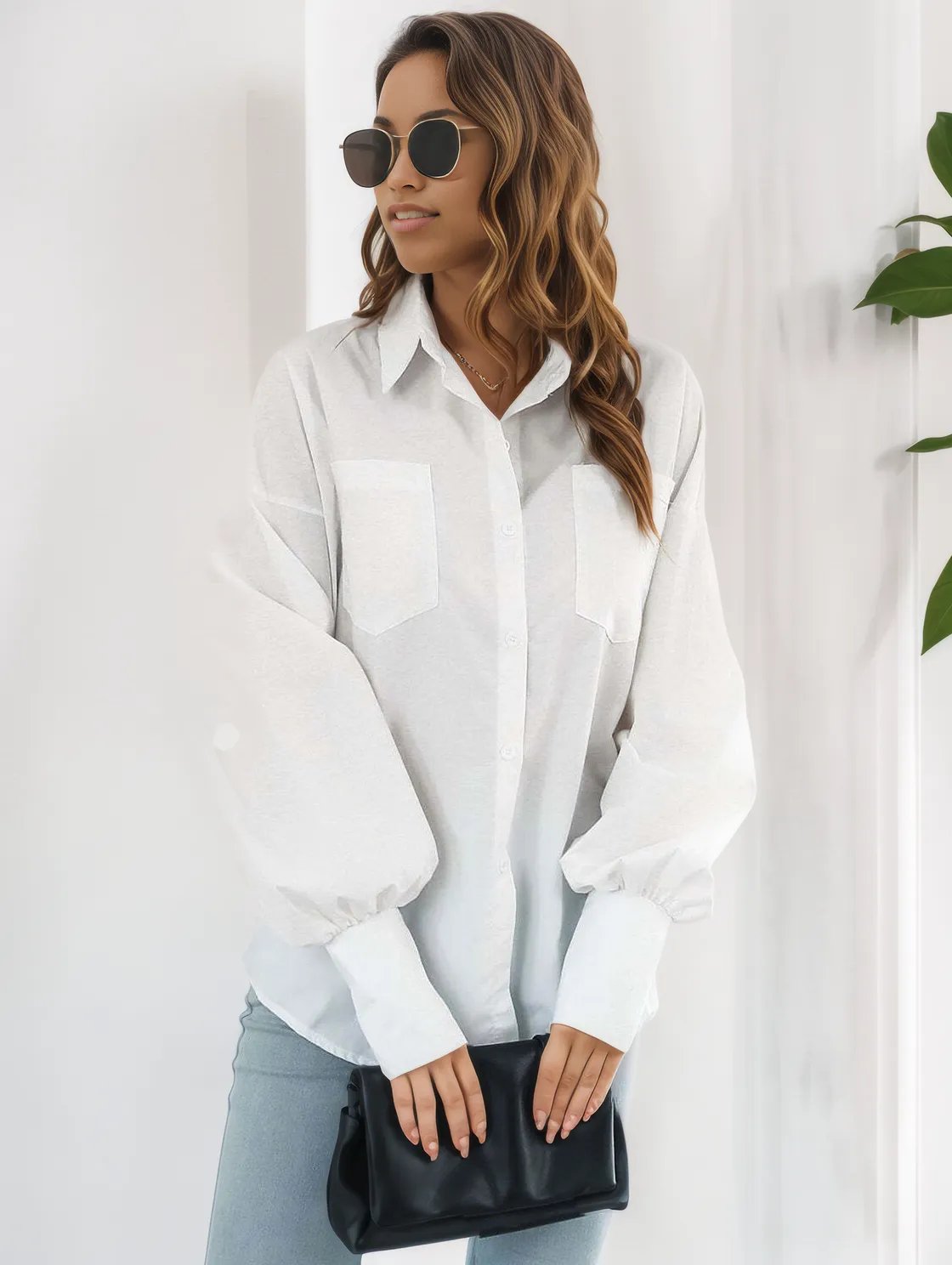 Button Up Dropped Shoulder Lantern Sleeve Shirt