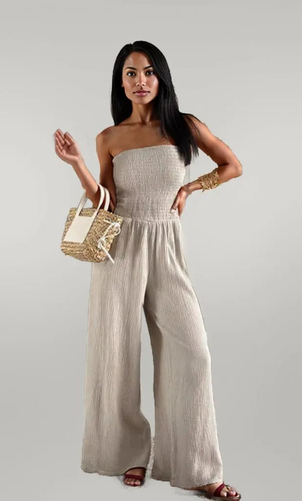 Smocked Tube Wide-Leg Jumpsuit Apricot