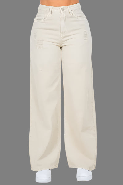American Bazi High Waist Distressed Wide Leg Jeans Beige