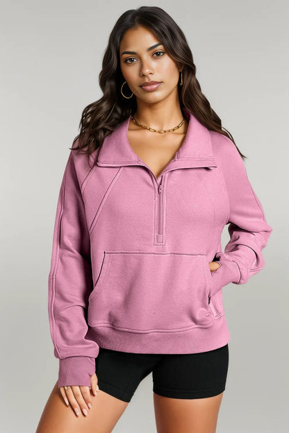 Black Quarter Zip Stand Neck Kangaroo Pocket Sweatshirt