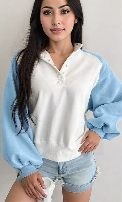 Color Block Snap Buttons Sweatshirt Pastel Blue