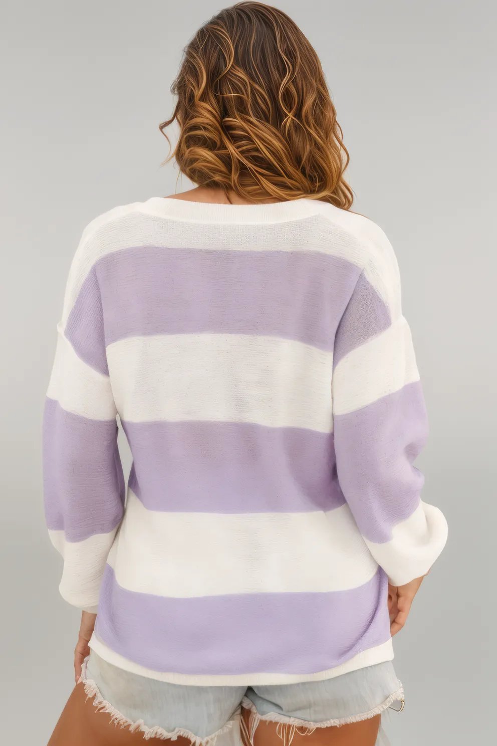 Pink Striped Knit Button Ribbed Split Neck Sweater - Sweaters & Cardigans/Sweaters - Dear - Lover