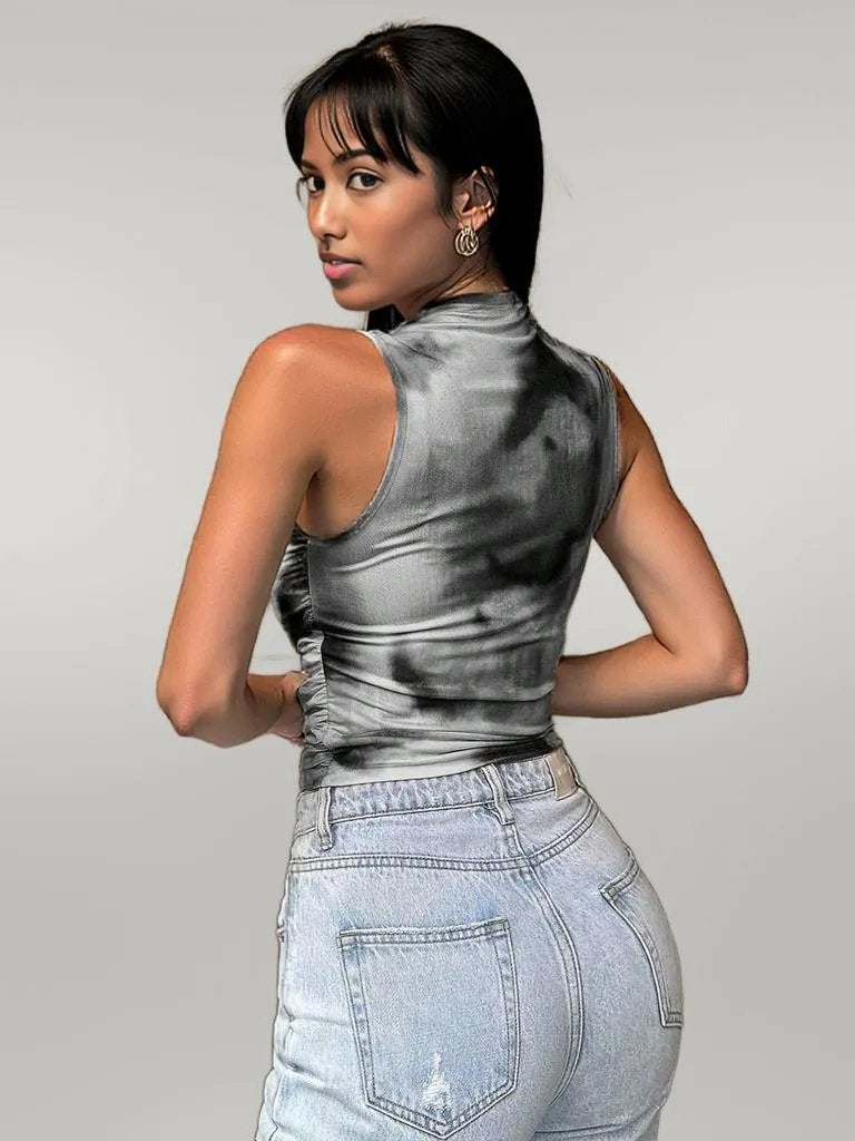 Printed Mock Neck Ruched Tank
