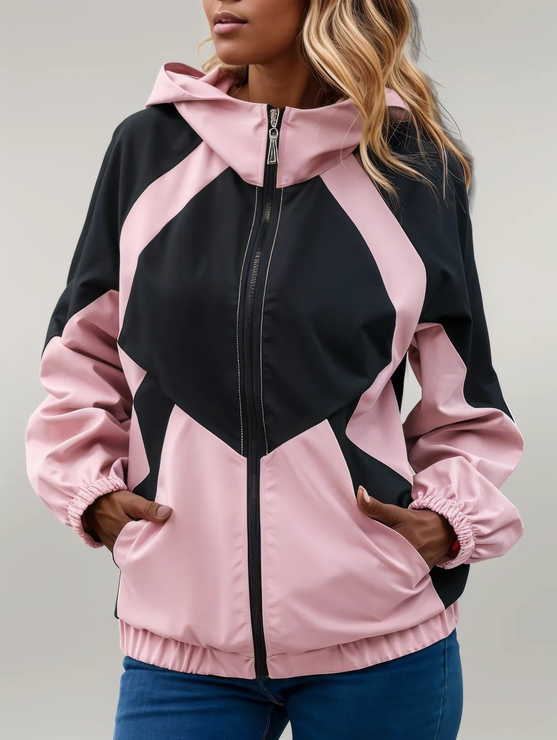 Contrast Zip Up Long Sleeve Hooded Jacket Blush Pink