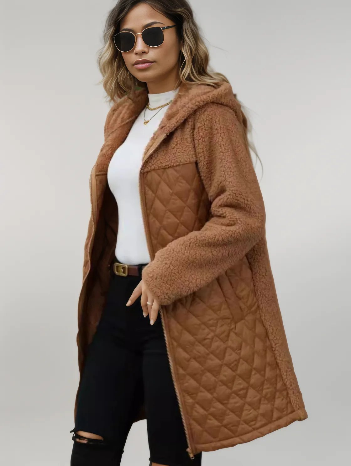 Texture Zip Up Long Sleeve Hooded Coat