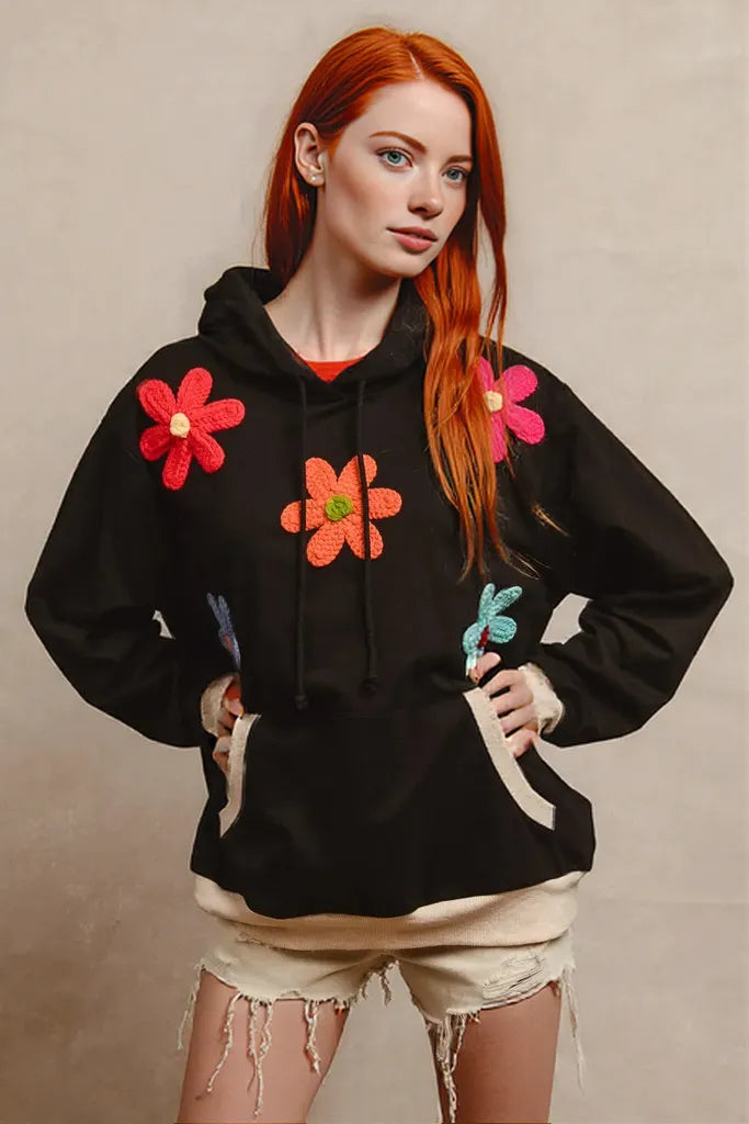 BiBi Patched Hoodie Top BLACK