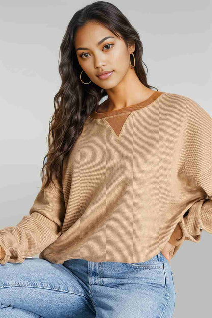 Waffle-Knit Long Sleeve Sweatshirt