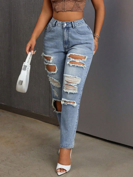 Distressed High Rise Jeans with Pockets Light