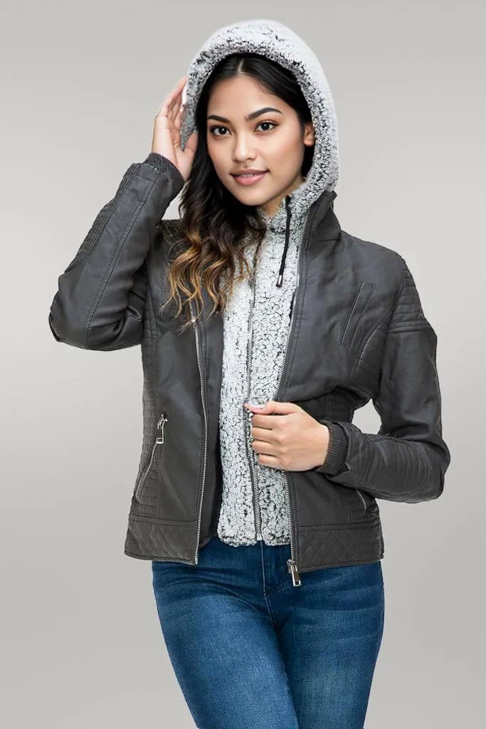 YMI Faux Layered Double-Zipper Jacket with Fuzzy Hood