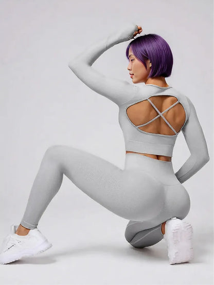 Back Crisscross Round Neck Long Sleeve Top and Leggings Active Set