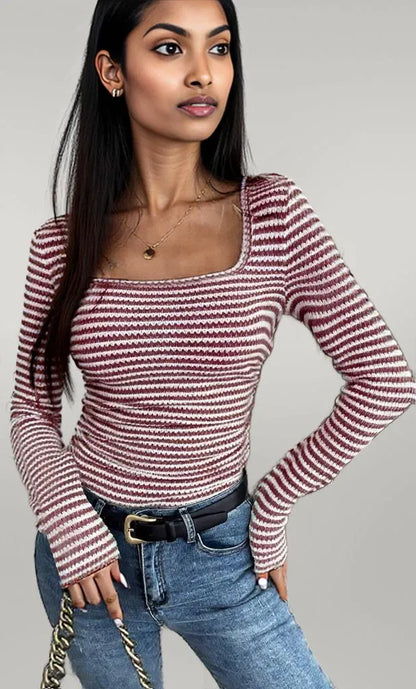 Striped Square Neck Long Sleeve T-Shirt Burgundy