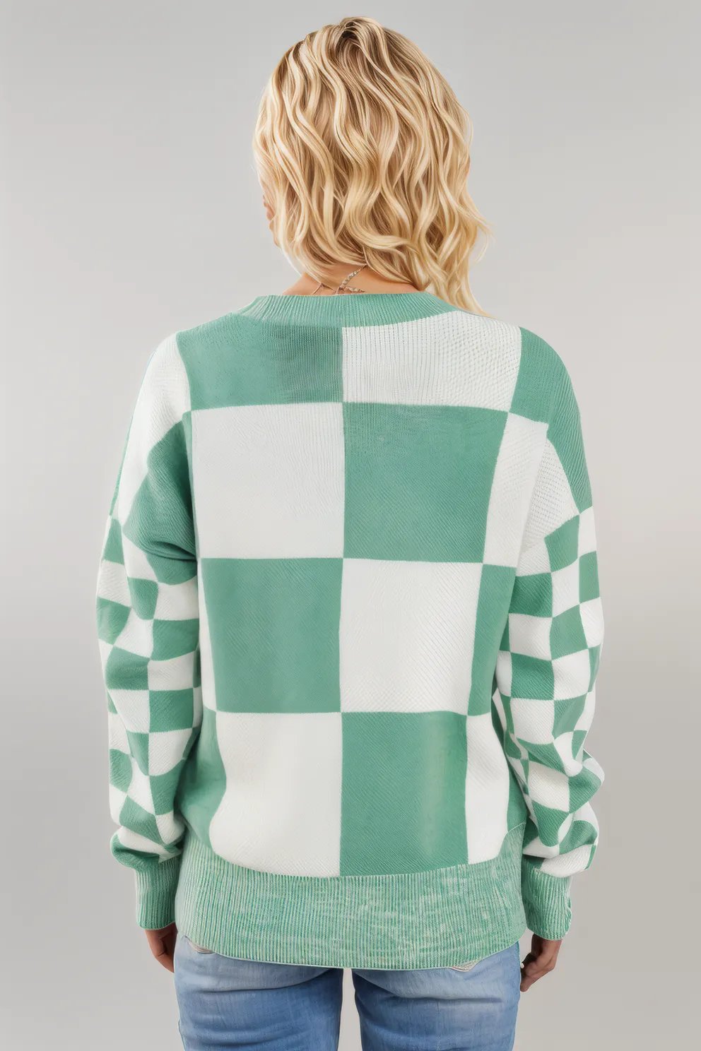 Checkered Drop Shoulder Long Sleeve Sweater