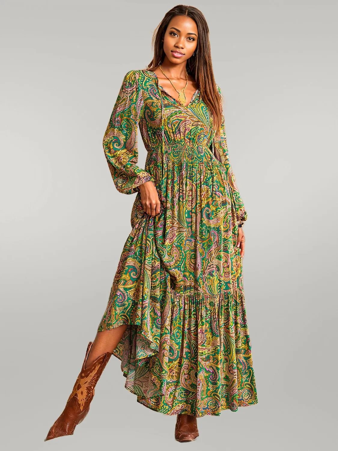 Printed Tie Neck Long Sleeve Dress Matcha Green