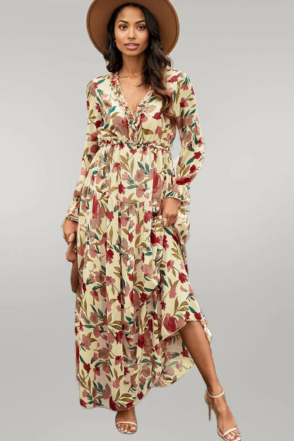 Floral Frill Trim Flounce Sleeve Plunge Maxi Dress