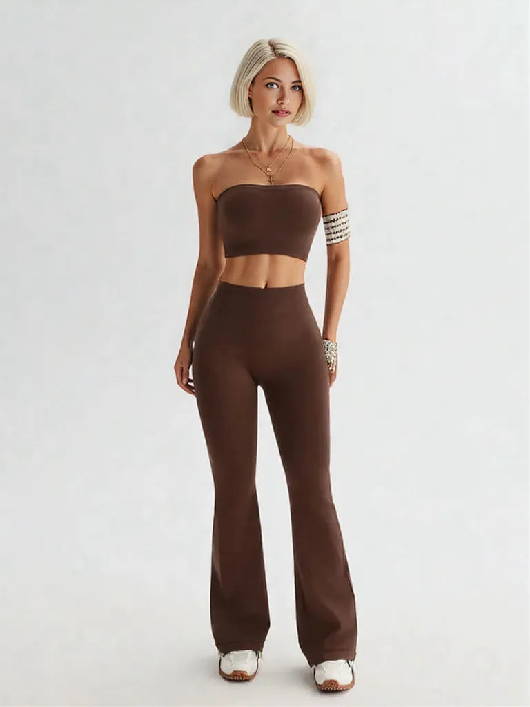 Tube Top and High Waist Flare Pants Active Set