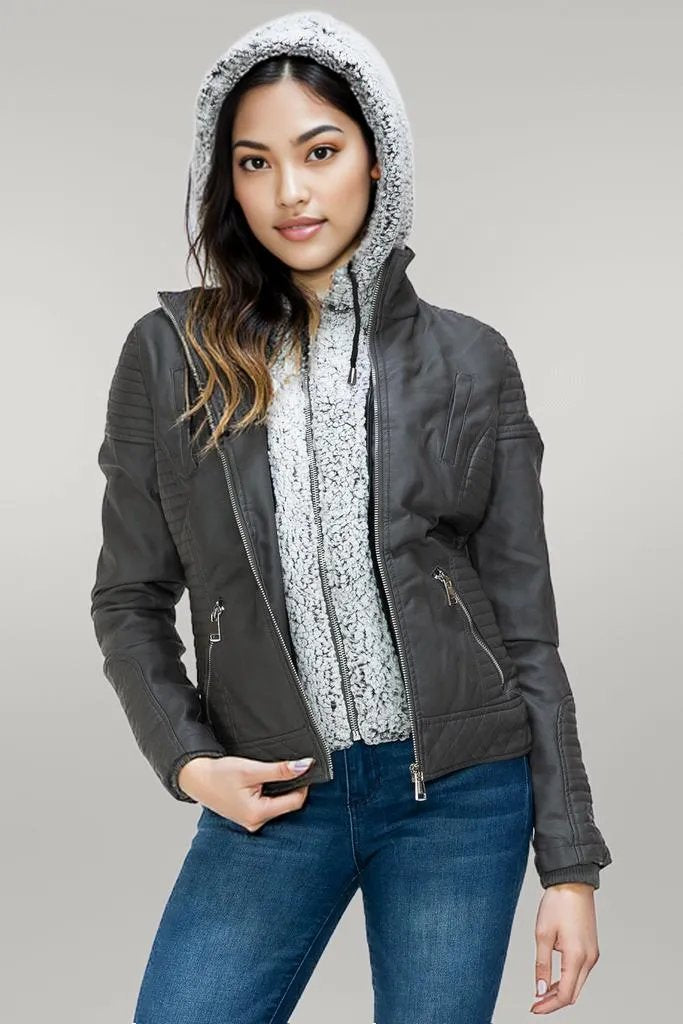 YMI Faux Layered Double-Zipper Jacket with Fuzzy Hood
