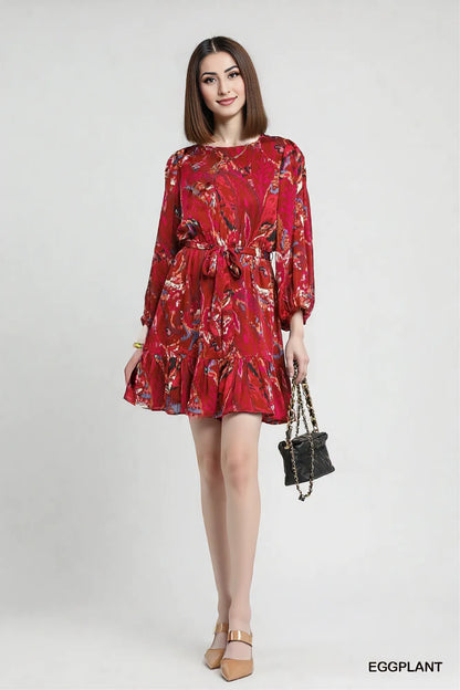 Umgee Ruffled Hem Printed Balloon Sleeve Dress