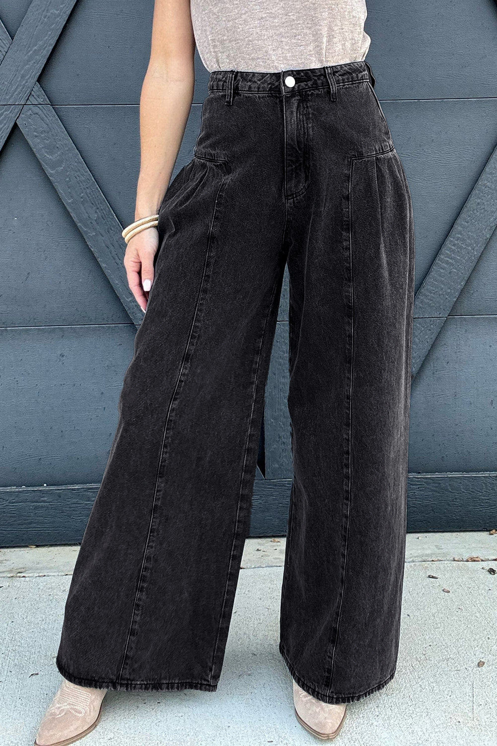 Dark Grey Pleated Wide Leg Mineral Wash Denim Pants Dark Grey 65%Cotton+33%Polyester+2%Elastane