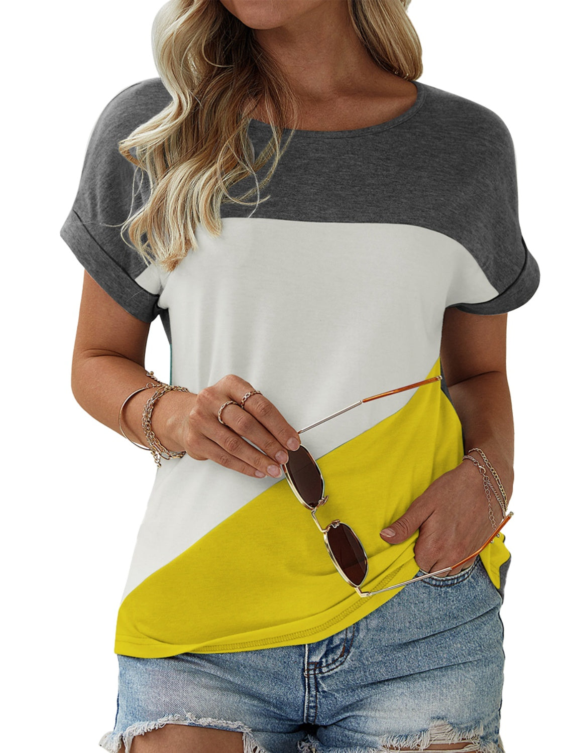 FAM-FAM Color Block Round Neck Short Sleeve