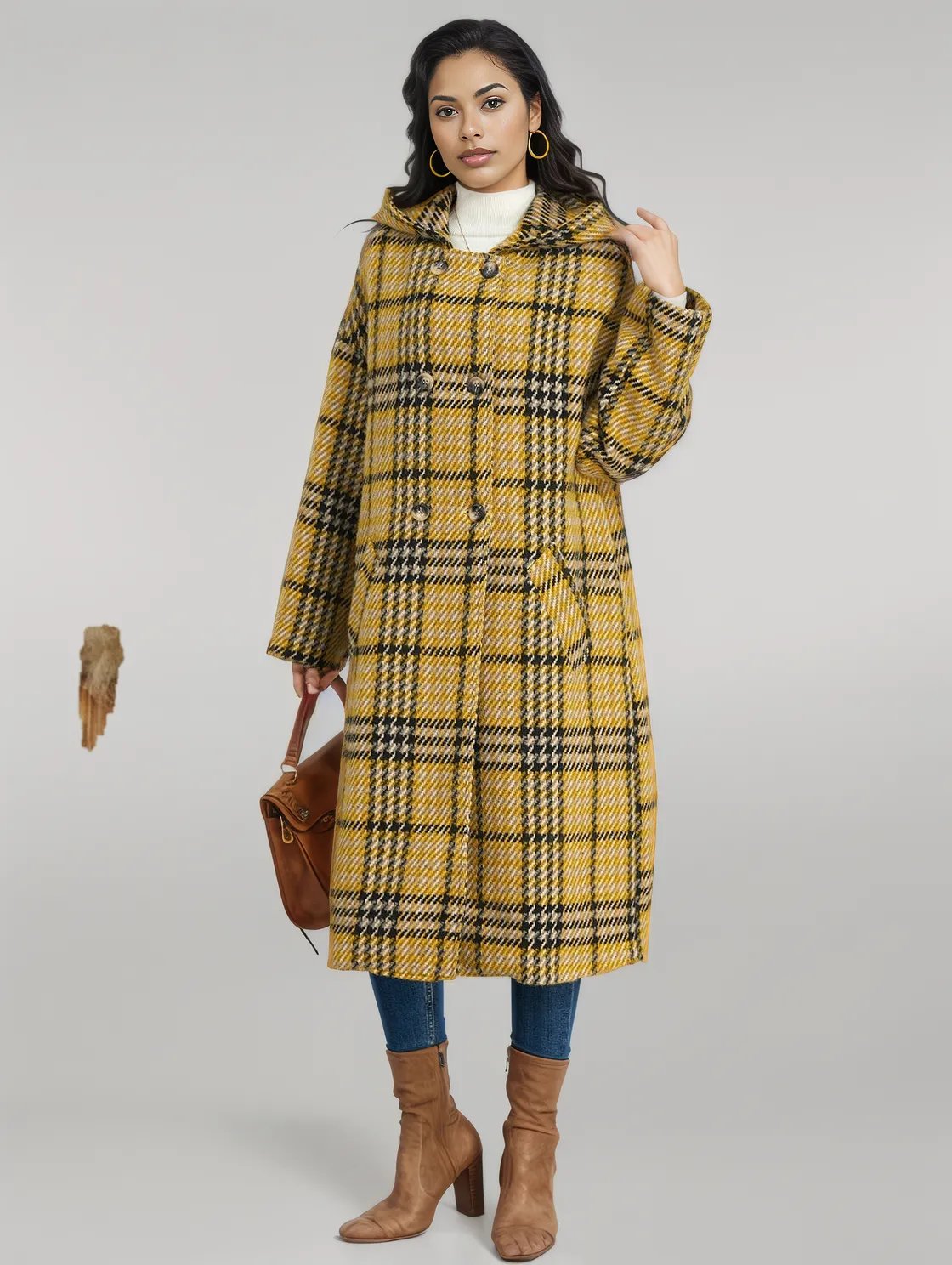 Plaid Double - Breasted Long Sleeve Longline Coat - coat - Trendsi - Mustard - XL - 100100088192247