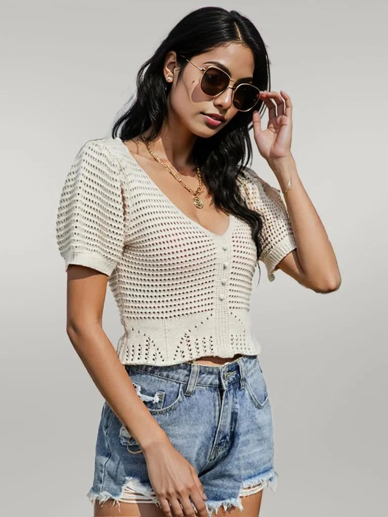 Openwork V-Neck Short Sleeve Knit Top