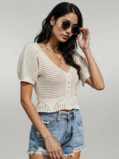 Openwork V-Neck Short Sleeve Knit Top