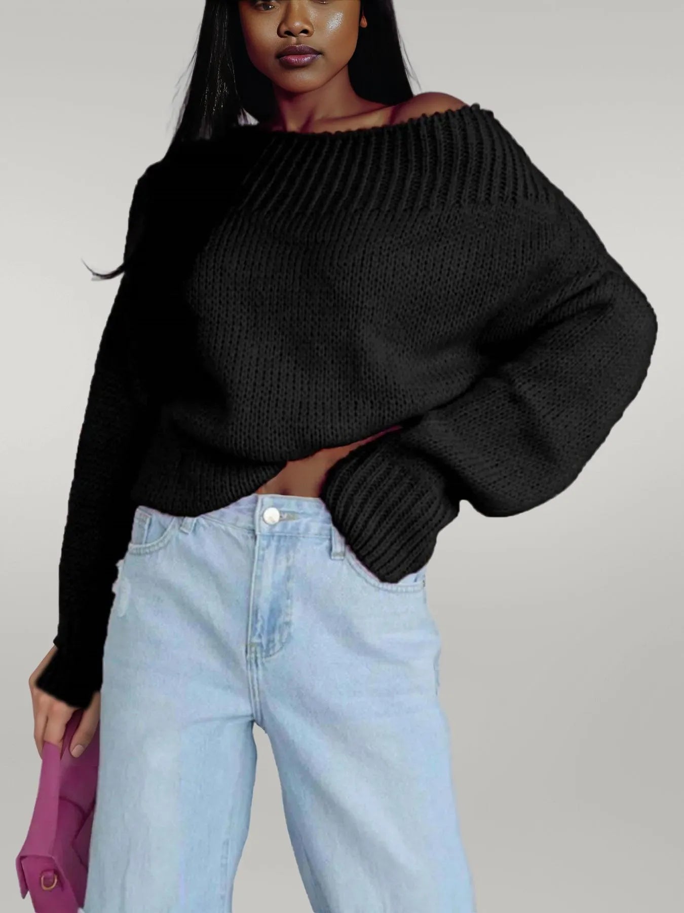 Boat Neck Drop Shoulder Sweater Black