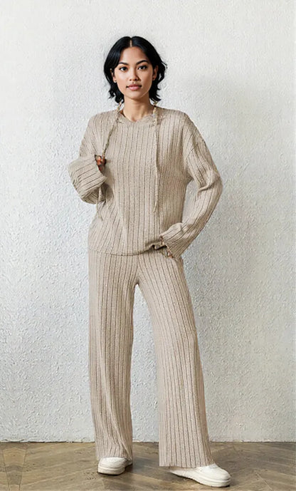 Ribbed Drawstring Hoodie and Pants Set Gray