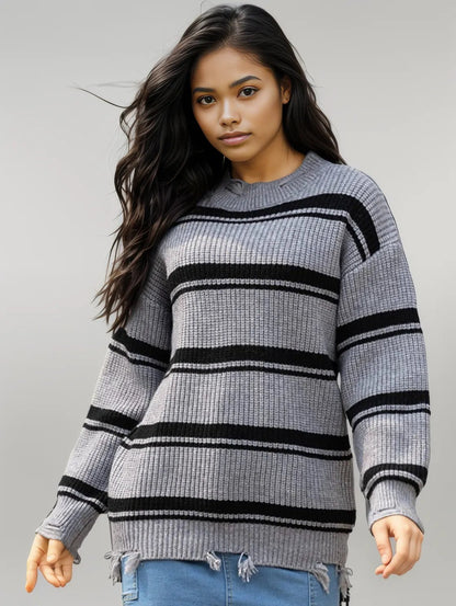 Striped Frayed Hem Round Neck Sweater Dark Gray