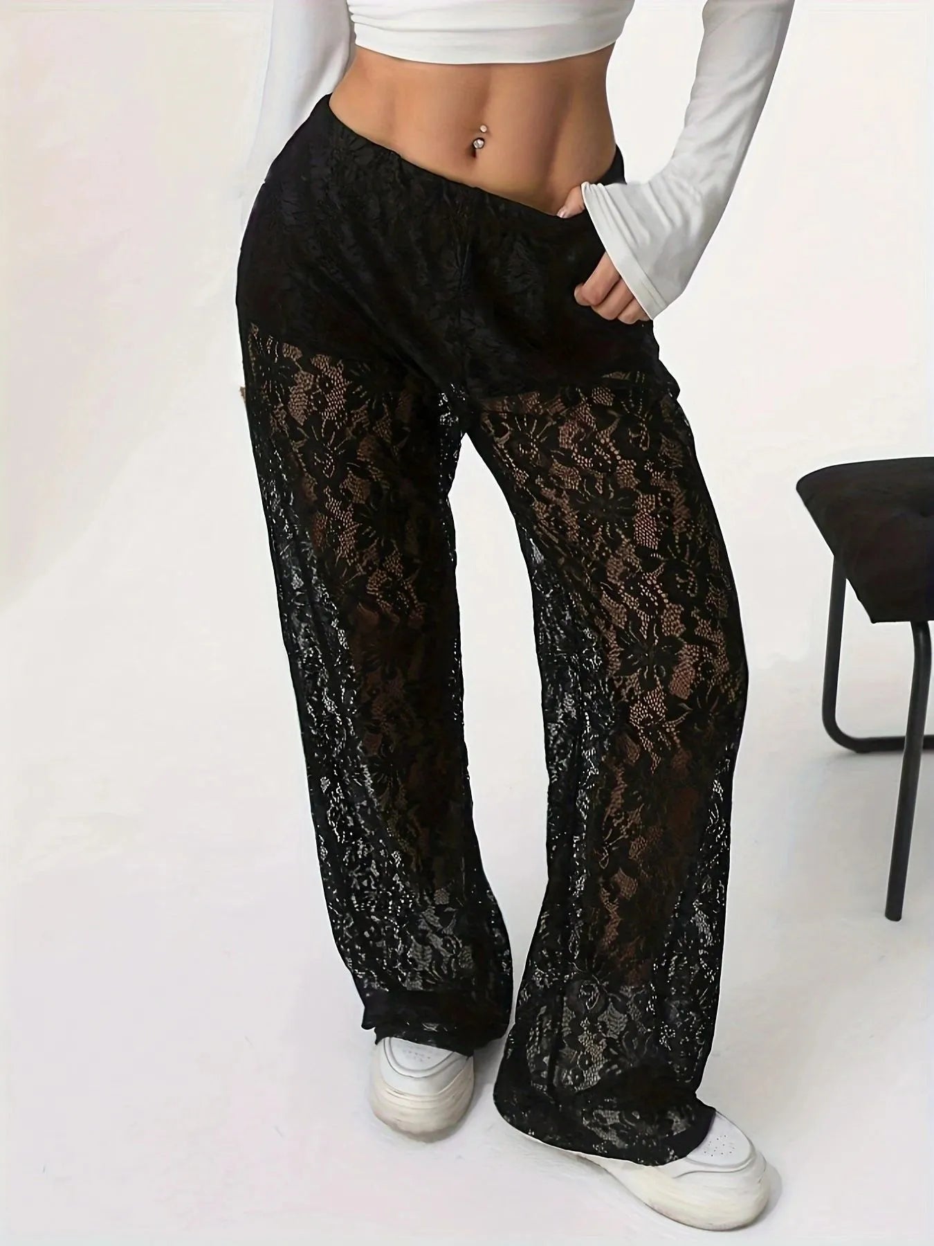 Lace Sheer Wide Leg Pants