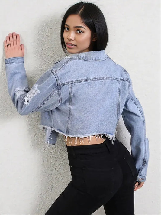 Distressed Raw Hem Button Up Denim Jacket