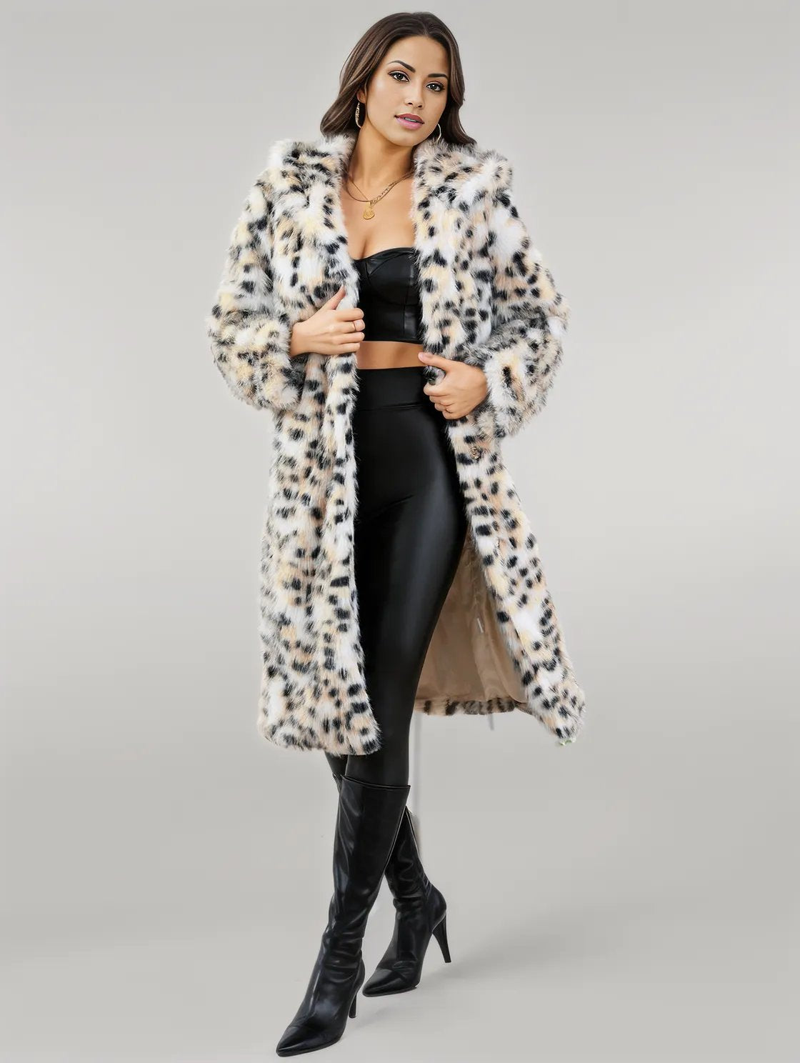 Thermal Leopard Faux Fur Hooded Outerwear