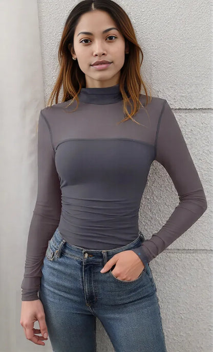 Mock Neck Long Sleeve Top Gray Blue