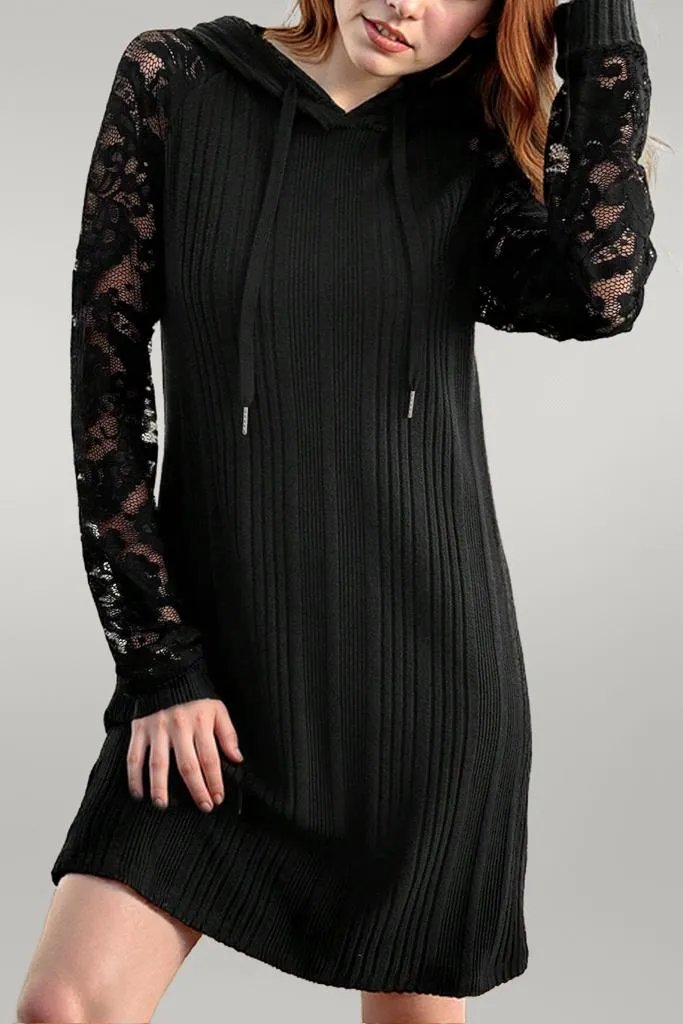 Lace Patchwork Long Sleeve Hooded Dress