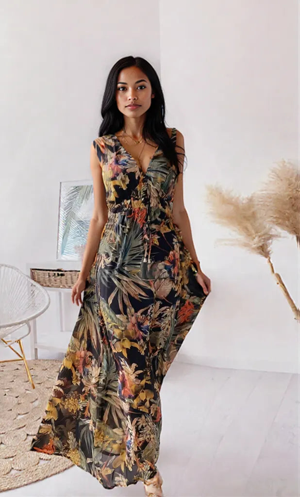Leaf Print Sleeveless Maxi Dress Black